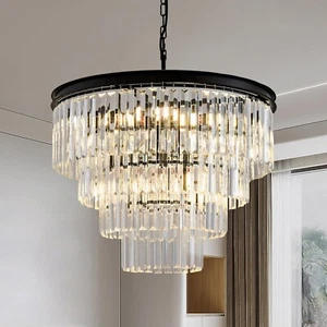 22.8" Crystal Chandelier Lights 10-Light K9 Crystal Chandelier 4-Tier Black Gold - Picture 1 of 19