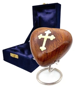 Cross Inlay Wooden Heart Keepsake Urn - Mini Ash Urn Small Handcrafted Cremation - Picture 1 of 12