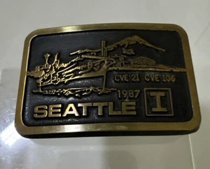 Seattle Solid Bronze Belt Buckle Rainbow Metals 1987 USS Block Island Navy CVE - Picture 1 of 7
