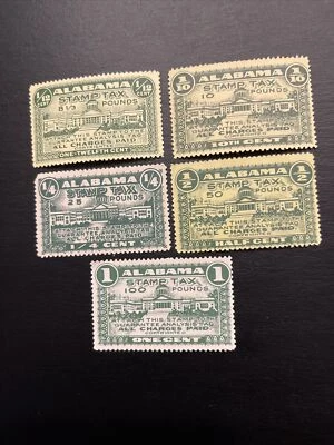 US Alabama  5 tax stamps 81/3 -100 Pounds Values -1/10,1/12,1/4,1/2,1 Cent MNH - Image 1 of 2