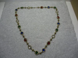 Vtg Multi Color Acrylic Open Bezel Gold Tone Necklace 31" Red Blue Clear Green - Picture 1 of 7