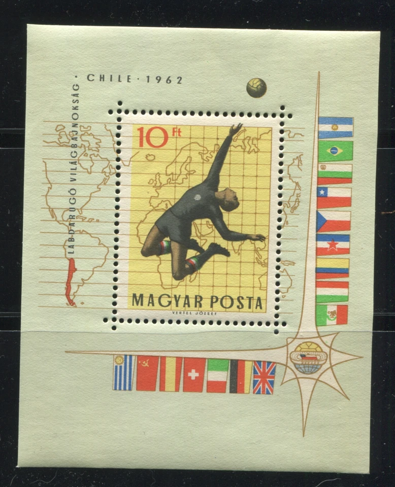 Hungría 1962 Copa Mundial de Fútbol Chile 10 pies Hoja de recuerdo MNH Fútbol Vertel Foto 1 de 1