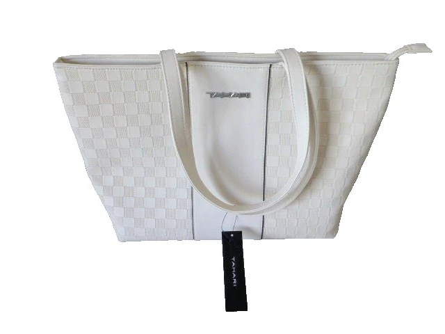 TAHARI Delta Shopper Handbag Tote Bone Color Checker Board Pattern Dust Bag