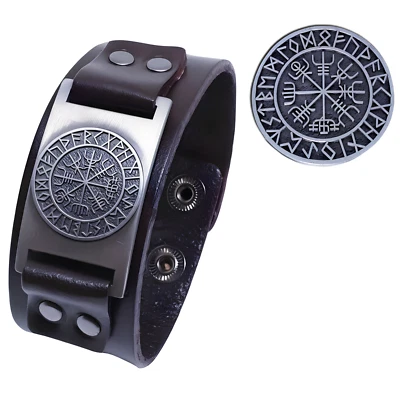 Viking Vegvisir Bracelet Leather Cuff Adjustable Wayfinder Compass Rune Sigil - Image 1 of 4
