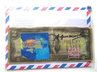 WARHOL/HARING/BASQUIAT:  Echter 2 US$ DOLLAR 3x signiert und skizziert RARITÄT - Bild 1 von 4