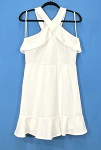 Nwt SHE+SKY White CREPE Crossover Neckline RUFFLED Bride Graduate SHEATH DRESS L - Picture 1 of 5