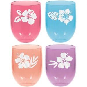 Hibiscus 15 oz Stemless Wine Glasses Plastic 4 Per Pack Tableware Decorations