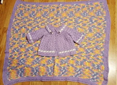 Handmade Crochet Baby Purple Sweater & Matching Multi-Color Blanket Set 3-9 Mos - Image 1 of 4