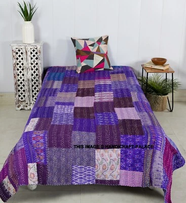 Indian Handmade Kantha Quilt Patola Silk Patchwork Bedspread Twin Size Blanket - Image 1 of 3