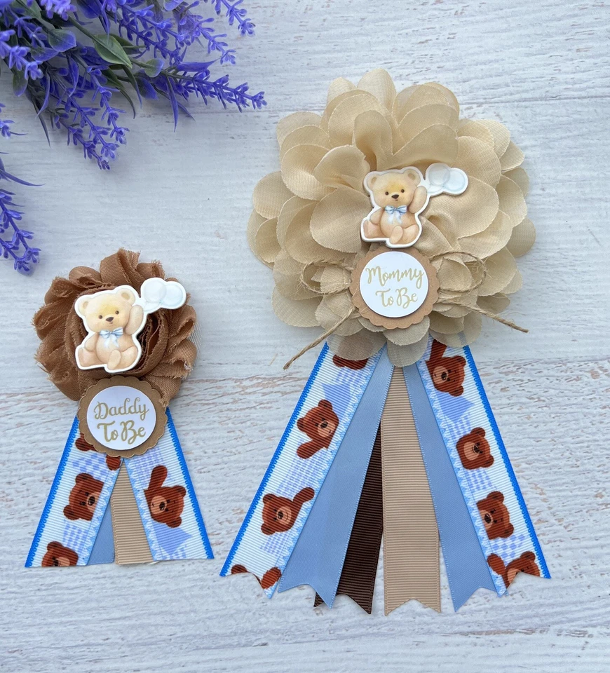 Juego de ramilletes de baby shower de oso de peluche azul, mamá y papá Foto 1 de 1