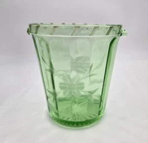 Vintage Depression Glass Light Green Floral Ice Bucket With Handles - Picture 1 of 4