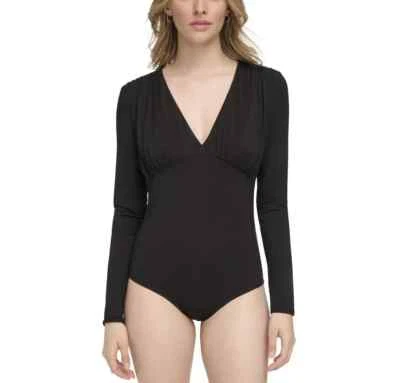 Calvin Klein Women's Long-Sleeve Plunge-Neck Bodysuit Black Sz-SP - Image 1 of 4