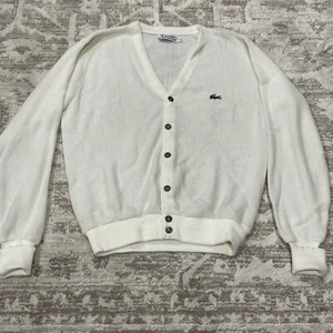 Vintage Men's 1970s 1980s Izod Lacoste Alligator Cardigan Sweater Sz Med White - Picture 1 of 13