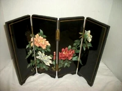 Vintage Black Lacquer Chinese Table Screen Chinoiserie Floral Grasses HP 4 Panel - Image 1 of 4