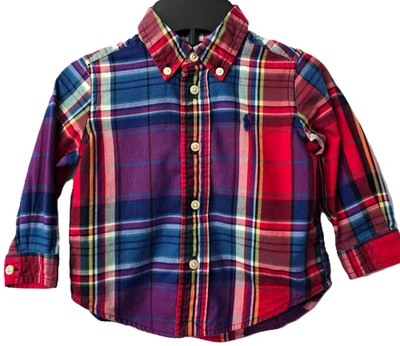 Camisa Ralph Lauren a Cuadros Bebé 9 Meses Niño Infante Abotonada Roja Púrpura Foto 1 de 4