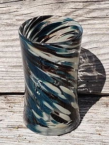 Hand Blown Art Glass Vase Handcrafted Swirl of Blue Black White - Picture 1 of 7