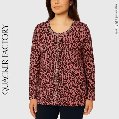 QUACKER FACTORY Pink & Black Animal Print Cardigan With Embellished Trim, M - Image 1 of 4
