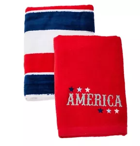 Patriotic Bath Hand Towels 2 Pc Set Glitter America Red White Blue Stars Stripe - Picture 1 of 9
