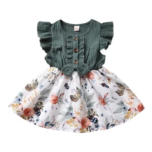 Bowknot Floral Print Dress - 1-5Years Baby Girls Ruffles Sleeve Knee Patchwork - Picture 1 of 13