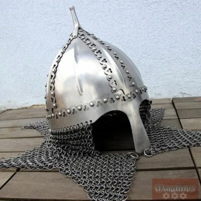 Casco de caballero vikingo normando medieval de acero de Navidad con réplica de cota de malla Foto 1 de 4