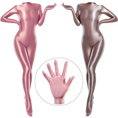Unisex Wetlook Shiny Satin unitard Jumpsuit Turtleneck Bodysuit W Finger Gloves - Photo 1/4