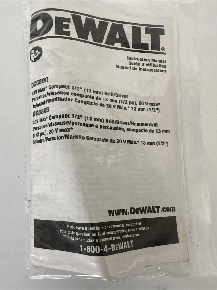 DeWalt Instruction DCD800 20V Max Compact 1/2” Drill/Driver Packet Manual Only - Image 1 of 2
