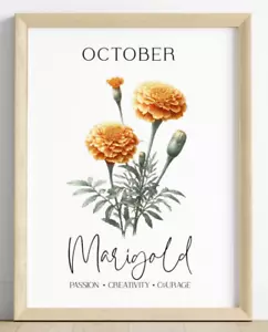 Birth Month Flower Art Print October, Marigold Wall Art Decor, Home Decor - Picture 1 of 2