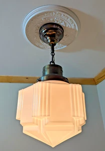 306 Art Deco Vintage 20-40's Pendant Ceiling Light Fixture Glass Shade Skyscrape - Picture 1 of 6