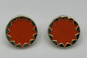 House of Harlow Sunburst Button Earrings Orange Leather Gold-tone Signed - Picture 1 of 3