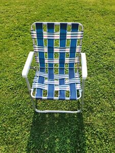 Vintage Aluminum Webbed Folding Lawn Chair plastic Arm Blue & White Striped 