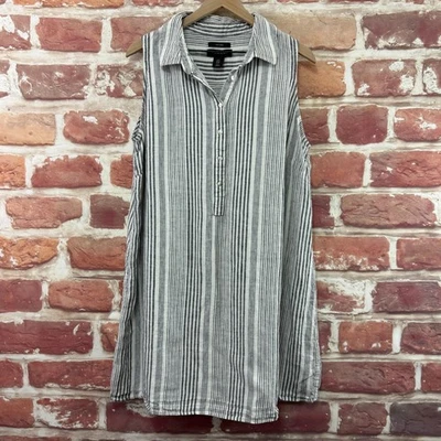 Tahari Shift Dress Womens 1X Gray White Striped 100% Linen Casual Popover - Image 1 of 4