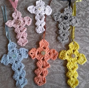 Hand crochet hanging cross bookmark Christening Confirmation Easter gift tag - Picture 1 of 8