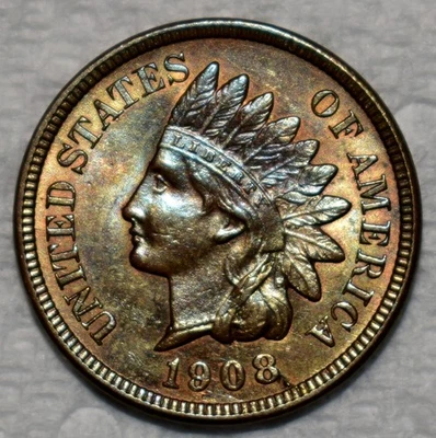 Uncirculated 1908 Indian Head Cent, Mottle Toned specimen. - Image 1 of 2