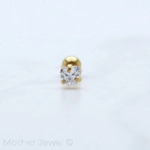 HEART 3MM SIMULATED DIAMOND 16G GOLD SURGICAL STEEL TRAGUS HELIX BODY STUD - Picture 1 of 3