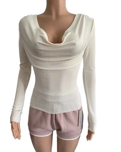 Free People Classy Ivory Cowl Neck Top L/s Slinky Stretch Fitted Shirt S NWTs - Picture 1 of 3