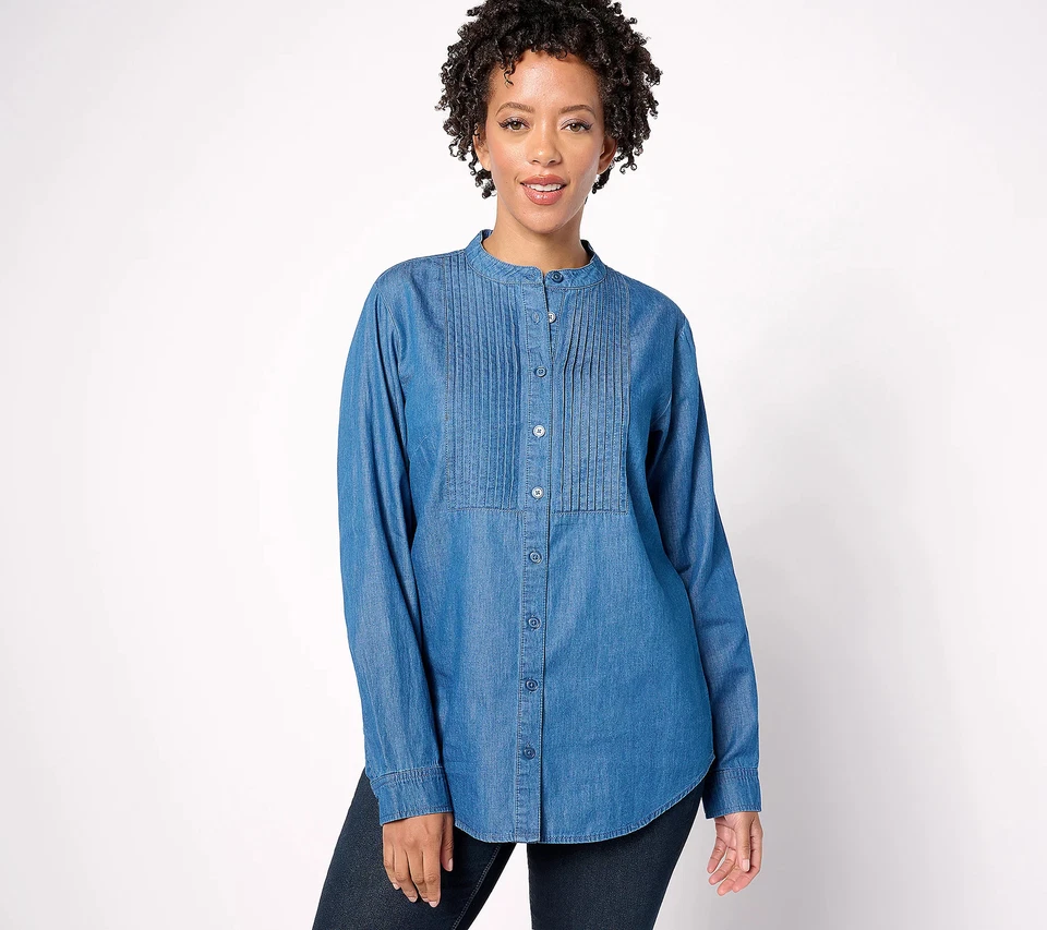 Camisa Joan Rivers Classics Collection denim pintuck botão frontal lavagem média XS - Imagem 1 de 1