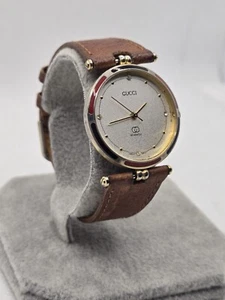 Vintage 1960s Gucci Enamel Watch – Brown Leather Strap, Gold/Black/Red Bezel - Picture 1 of 14