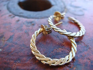 VINTAGE YELLOW GOLD OVER STERLING SILVER ROPE HOOP EARRINGS - Picture 1 of 6