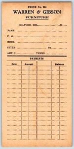 MILFORD DELAWARE*DE*WARREN & GIBSON FURNITURE*EARLY 1900'S PAYMENT CARD - Picture 1 of 2