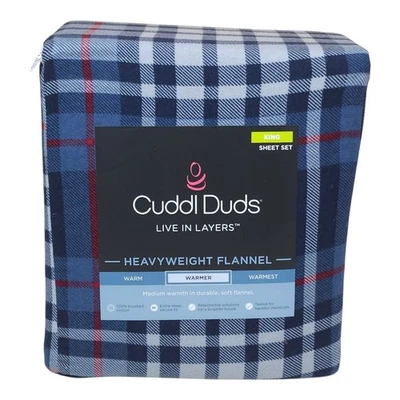 Juego de sábanas de franela de peso pesado Cuddl Duds King azul marino a cuadros algodón cepillado duradero Foto 1 de 4