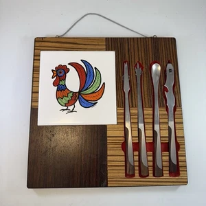 Vintage Mid Century Bar Tool Set Wall Plaque Lukacs Rooster Tile Japan MCM 12” - Picture 1 of 8