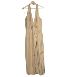 Anthropologie Linen Halter V-Neck Column Midi Wrap Dress Size XL Beige Beach - Picture 1 of 16