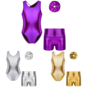 Kids Girls Leotard With Shorts Hair Band Round Neckline Sports Suit Metallic - Picture 1 of 41