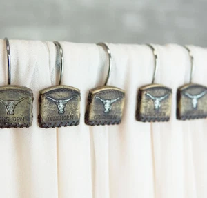 Rustic Texas Longhorn Cow In Tan Faux Leather Bathroom Shower Curtain Hooks 12pk - Picture 1 of 5