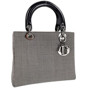 Christian Dior Lady Dior Logo Charm Houndstooth Canvas Fabric Black Handbag 724