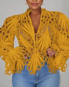 Women Junior Plus Size Yellow/Gold Embroidery Long Bell Sleeves Blouse.(JR) 2XL. - Picture 1 of 3