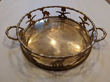 Vintage Solid Brass Bamboo Hollywood Regency Round Tray Palm Tree & Camel Accent