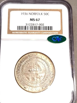 1936 Norfolk Commemorative Half Dollar : NGC MS67 CAC Sticker - Image 1 of 4