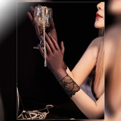 Guantes largos brillantes brillantes al aceite para mujer de encaje transparente boda noche fiesta guante Foto 1 de 4