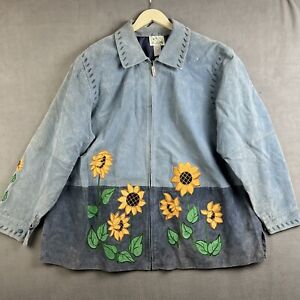 Vintage Sunflower Leather Jacket Womens 3X Quacker Factory Full Zip Blue Cottage